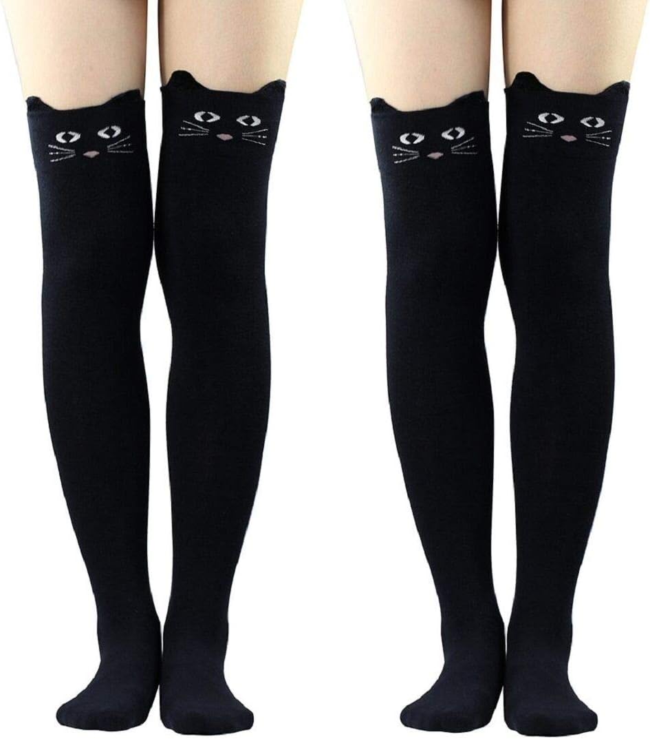 Wander G Women Cute Over Knee Socks Cotton Cartoon Animal Cat Bear Socks Thigh High Stockings Socks (Black Double)