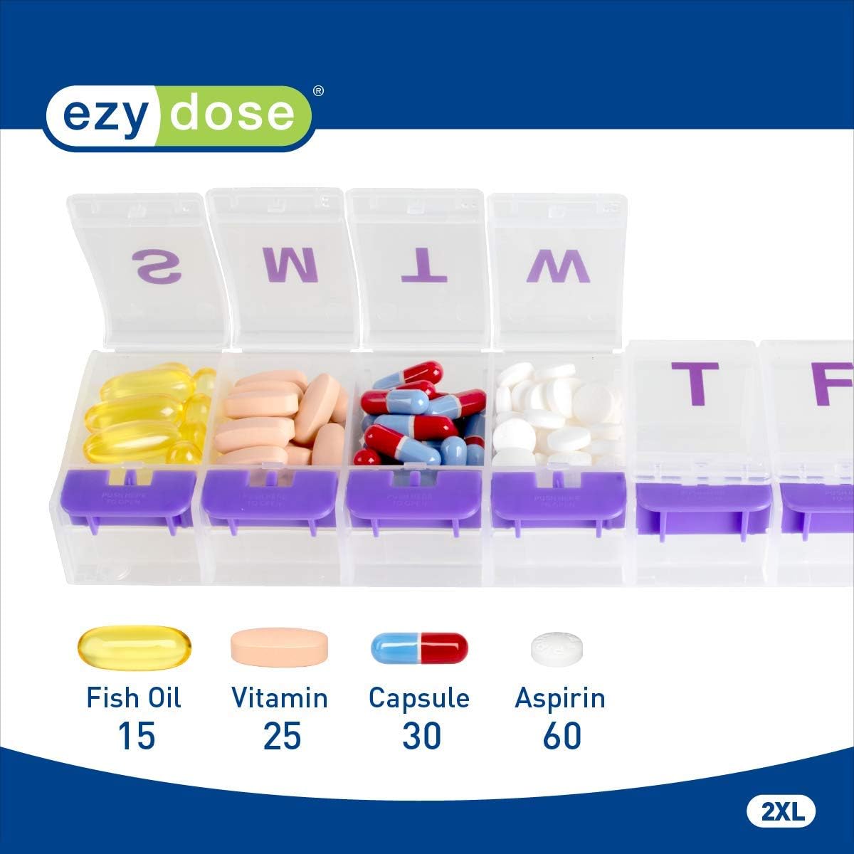 Ezy Dose Push Button (7-Day) Pill, Medicine, Vitamin Organizer Box | Weekly, 2 Times a Day, AM PM | Large Compartments | Arthritis Friendly | Clear Lids: Health & Personal Care