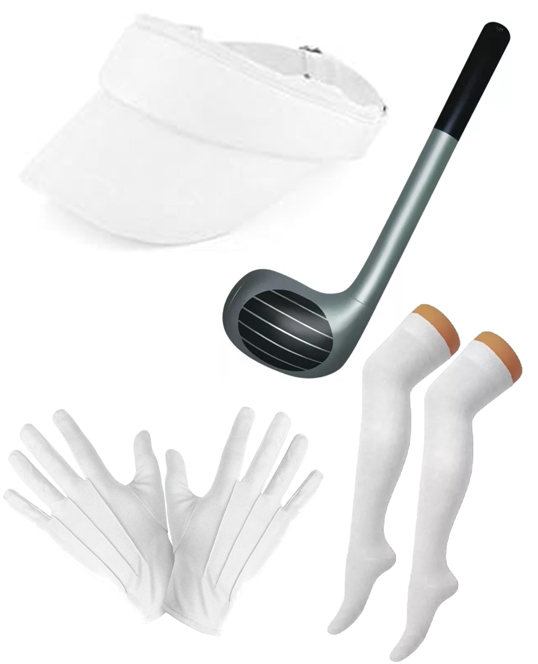 Mega_Jumble Ladies Adult Poker Set Pub Golf Golfer Visor Hat, Inflatable Club, Over the Knee Socks & White Gloves Pub Golf Fancy Dress Costume Accessories
