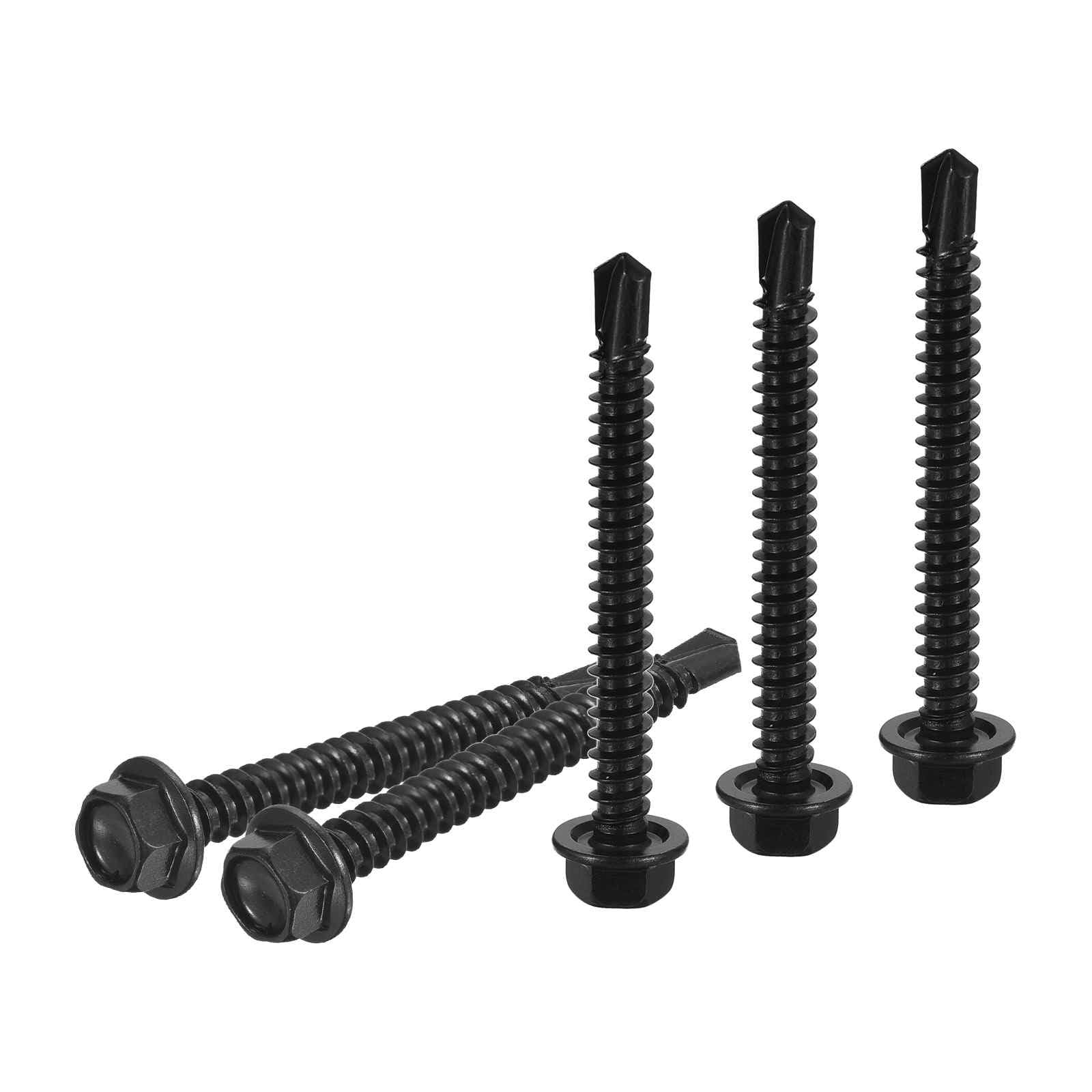 DTGN #12x2" Hex Washer Head Self Drilling Screws - 100Pack - Good for Machine - 410 Stainless Steel Black Oxide - Self Tapping Sheet Metal Screws