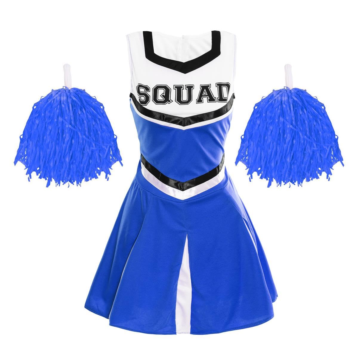 Ladies Cheerleader Costume with Pom Poms - Womens Highschool American Style Fancy Dress Party Outfit (Blue – UK 12-14)