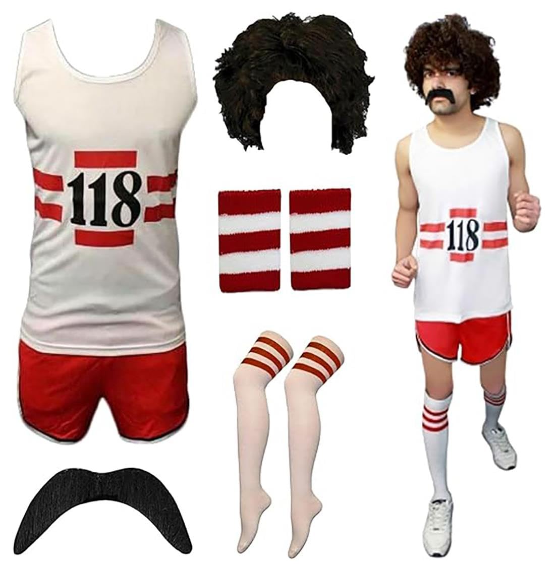 RIDDLED WITH STYLE Unisex Womens 118 Set Fancy Dress Mens Costume Marathon Retro Sleeveless Vest, Shorts, TASH, Socks and Wig Set for Unisex Plus Size UK Small to X-Large — image 1