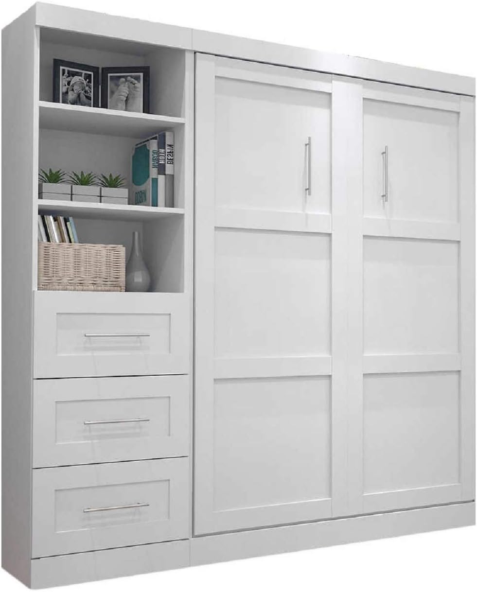 Wall Bed. Bestar Boutique White Double Wall Bed, Storage Unit with 3