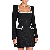 Kotiera Women's Tweed Mini Dress Elegant Beaded Square Neck Long Sleeve High Waist A-Line Party Club Bodycon Short Dresses