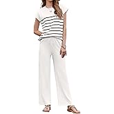 Ekouaer Striped Lounge Set 2 Piece Sweater Matching Outfits Travel Knit Clothing Sets for Women