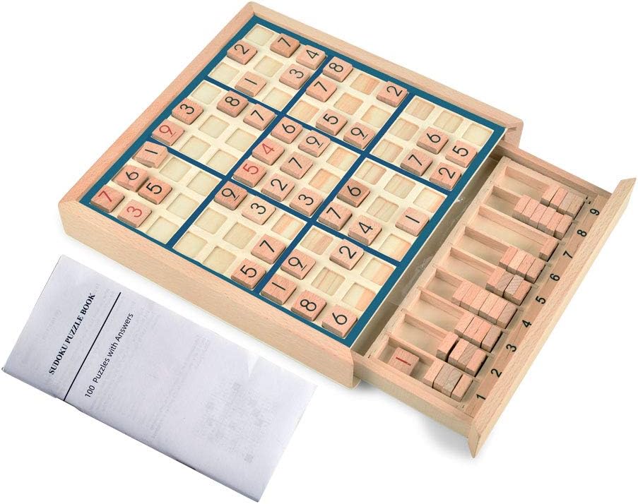 BOHS Wooden Sudoku Board Game with Drawer - with Book of 100 Sudoku Puzzles - Brain Teaser Desktop Toys, Blue, 9x9 - Image 4