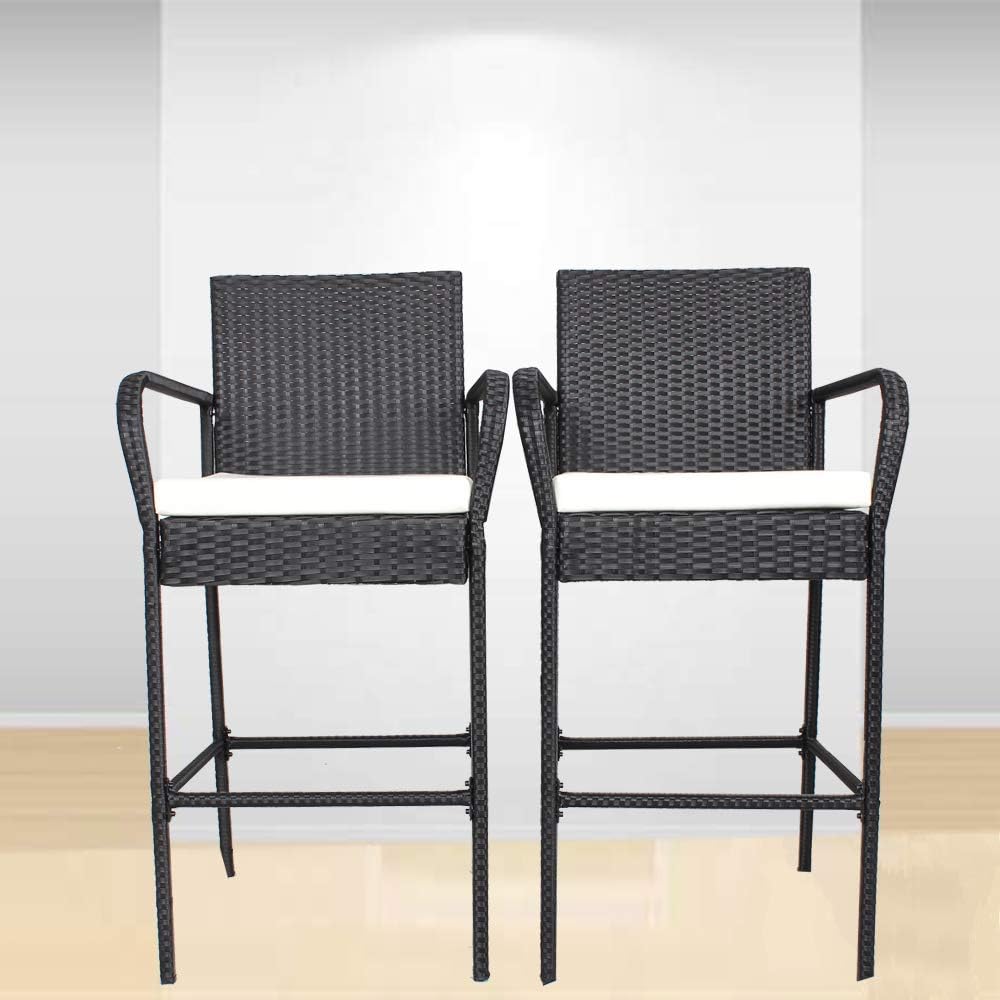 Outdoor Bar Set Patio Rattan Stools Christmas Day Gifts Set of 2 Black Rattan Outdoor Bar Chair Patio Wicker Barstools w/ Khaki Cushion