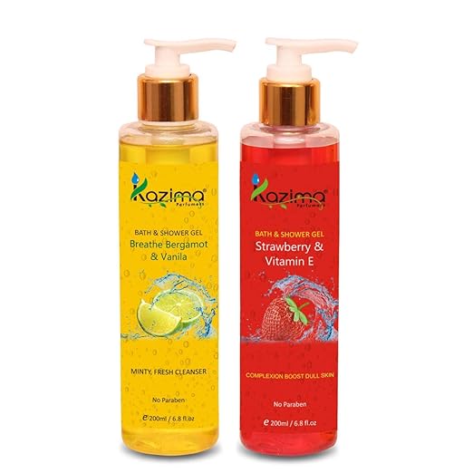 KAZIMA Breathe Bergamot & Vanilla Bath Gel + Strawberry & Vitamin E Luxury Body Wash & Shower Gel (2PCS of 200ml) (Free From Parabens)