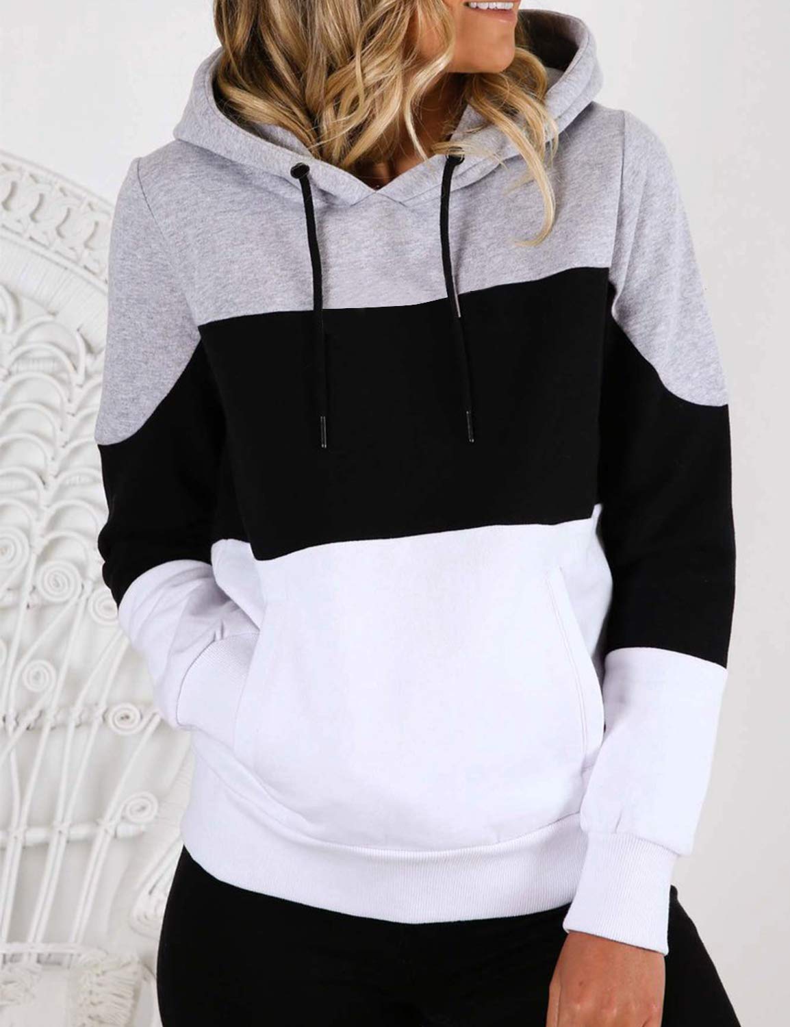 Blooming Jelly Womens Pullover Hoodie Long Sleeve Colorblock Terry Hooded Sweatshirt Top with Pocket(S,Black)