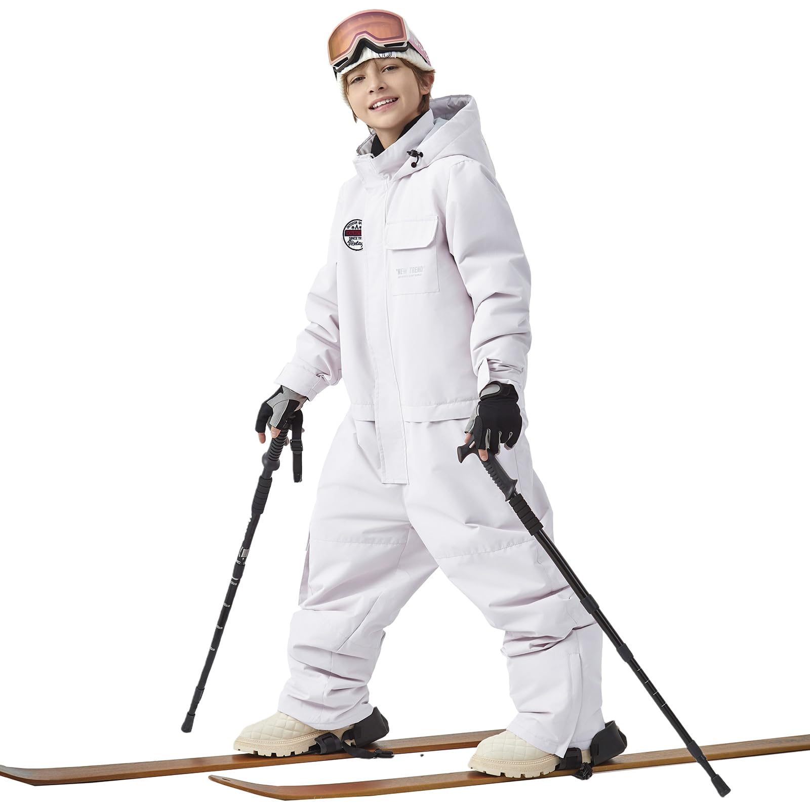 Photo 1 of HOTIAN Kids Snow Suit Boys Girls Hooded Windproof Waterproof Insulated One Piece Snowboarding Ski Suit,White,10-11Years