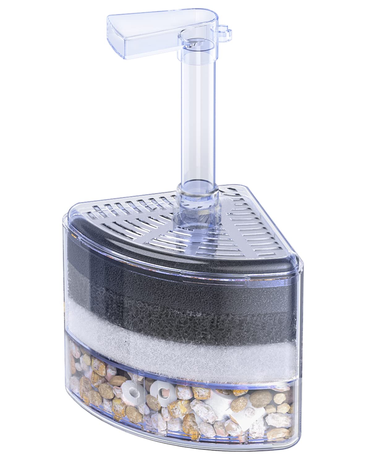 Pawfly Aquarium Corner Sponge Filter Quiet Betta Fry Shrimp and Small Fish Bio Foam Filter with Natural Stones Gravels and Ceramic Rings for Fish Tanks up to 120 L (Air Pump Not Included)