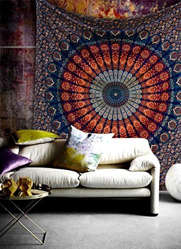 Queen Hippie Bohemian Psychedelic Peacock Mandala Wall Hanging Floral Tapestry Psychedelic Cotton Intricate Floral Designs Indian Traditional Bedspread Magical Thinking Large Tapestry