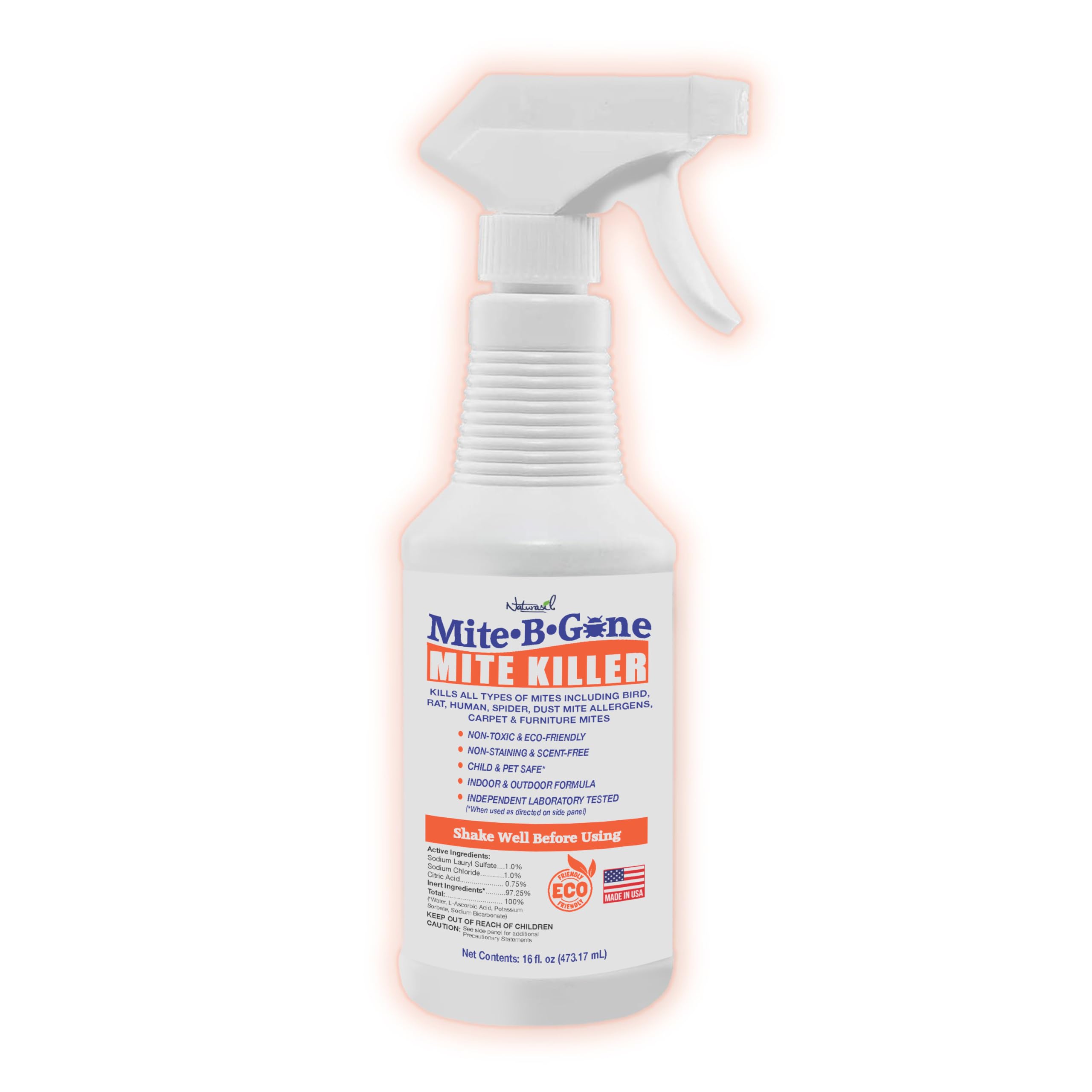 Mite Killer Spray by Mite-B-Gone — Kills Human Mites, Bird, Dust, Spider, Rat, Turkey, Carpet Mites. Treatment for Homes, Furniture, Bedding, Auto & Animals | Non-Toxic | Kid & Pet Safe | 16oz Spray