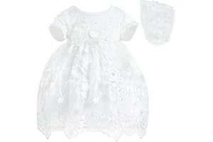 TENTIDE Newborn Baby Girls Baptism Dress Floral Embroidered White Christening Gowns with Bonnet Wedding Dresses