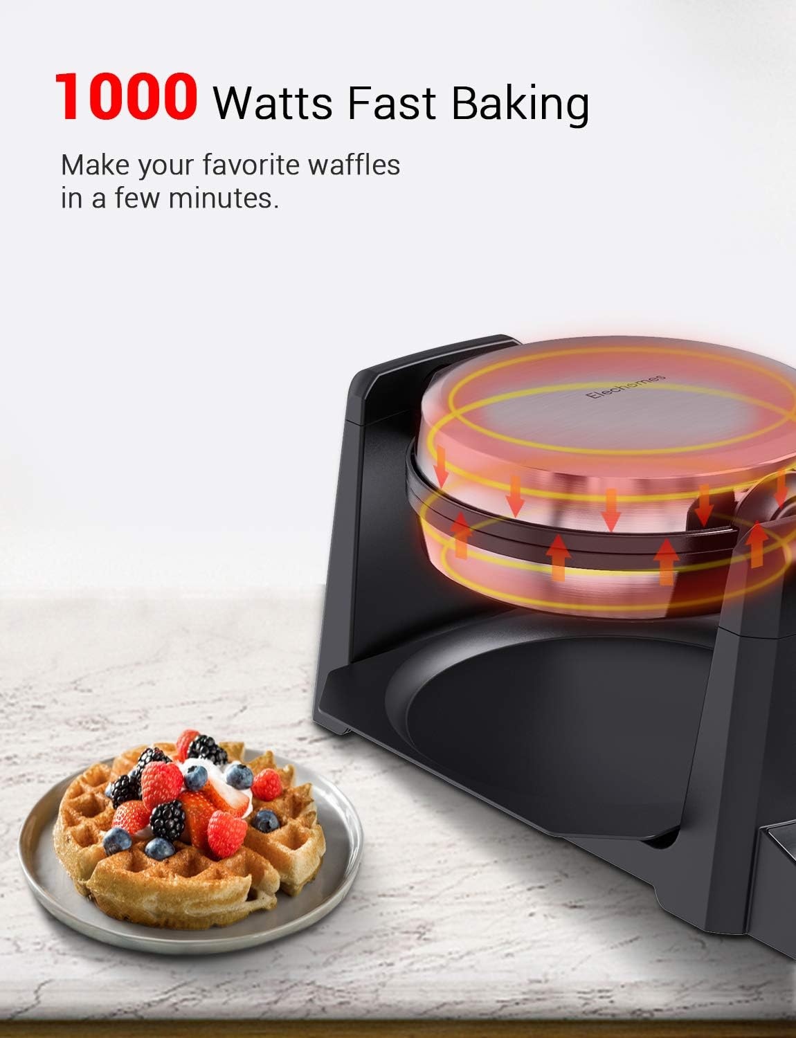 Elechomes Flip Belgian Waffle Maker with LCD Display (1.4" Thick Waffles), 180° Rotating Waffle Iron, Digital Timer, Non-Stick Coating Plates, Removable Drip Tray, Recipes Included, Stainless Steel: Kitchen & Dining