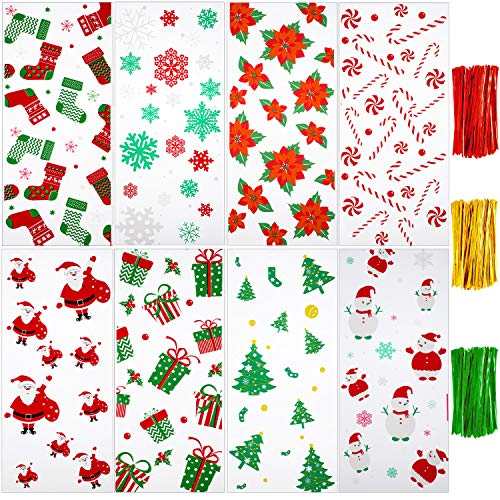 200 Christmas Cellophane Bags With Holiday Patterns - Treat Bags With Twist Ties For Party Favors