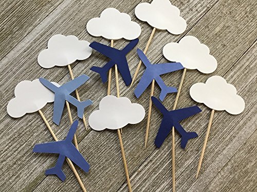 Blue Airplanes and Cloud Cupcake Toppers - Navy Blue Medium Blue and Light Blue Planes - Party Picks - Jet Food Picks - (Set of 24)