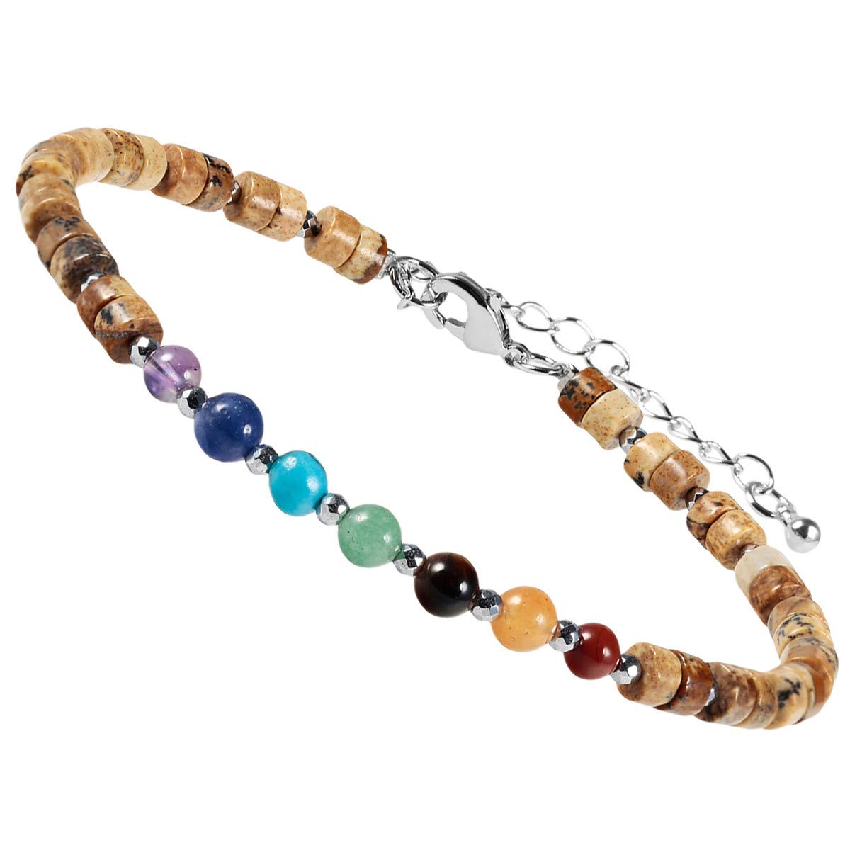 mookaitedecor 7 Chakra Healing Crystal Stone Bracelet for Women Men, Colourful Picture Jasper Crystal Flat Beads Bracelet Semi Precious Gemstone Stone Jewellery Adjustable Yoga Reiki Link Bangle — image 1
