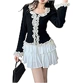 MakeMeChic Women's Ribbed Knit Cardigan with Square Neck Top Lace Trim Long Sleeve Cardigan Slim Sweater