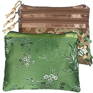 Image of kilofly Chinese Silk Brocade 3 Zipper Pockets Jewelry Pouch Bag, Set of 2
