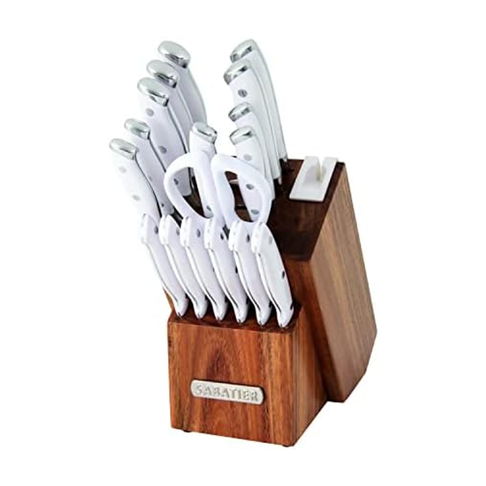 Sabatier Forged Triple Rivet Knife Block Set with Built-In Edgekeeper Sharpener, 18-Pieces, High-Carbon Stainless Steel Kitchen Knives, Razor-Sharp Knife set with Acacia Wood Block, White Image
