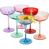 Colored Coupe Glasses - Martini , Cocktail & Champagne Glasses 7oz | Set of 6 | Cute & Colorful Pastel Colored Crystal Cocktail Glassware , Fun Classic Goblet Cocktails Glass, Stemmed Ripple Glassware