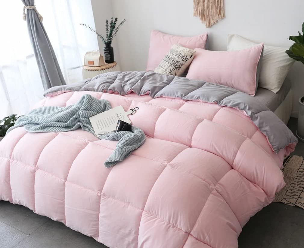 KASENTEX All Season Down Alternative Quilted Comforter Set with Sham(s) - Reversible Ultra Soft Duvet Insert Hypoallergenic Machine Washable, Queen, Pink Potpourri/Quartz Silver: Home & Kitchen