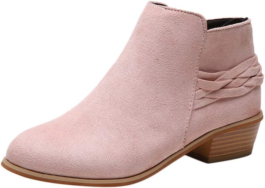JUSTWIN Women's Pointed Suede Heel Woven Belt Boots Ankle Knitted Flock Shoes Short Boots