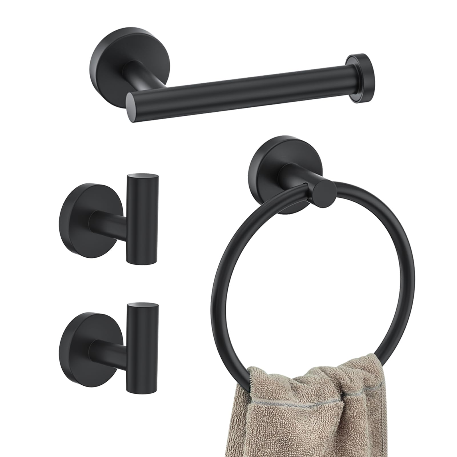 Photo 1 of 4-Piece Matte Black Bathroom Hardware Accessories Set,Black Towel Ring Set Toilet Paper Holder,Robe Hooks,Stainless Steel Wall Mounted Rustproof Modern Bathroom Set