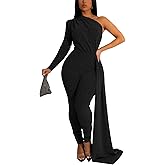 Women's Sexy Sparkly One Shoulder Long Sleeve Bodycon Jumpsuits Stretchy Long Pants Clubwear Party Rompers With Belt Rope