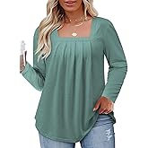 Womens-Plus-Size-Tops Dressy Pleated Square Neck Shirts Trendy Cute Long Sleeve Blouses Casual Loose Fit Tunics XL-5XL