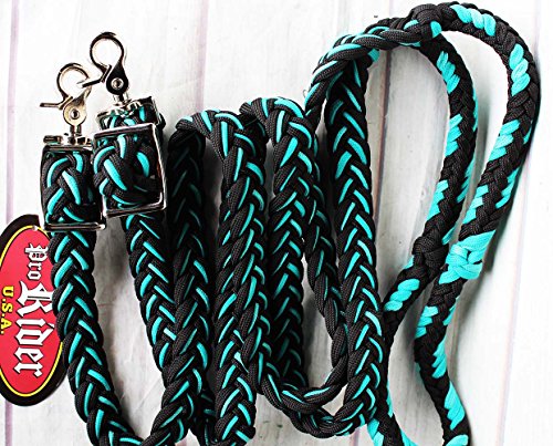 CHALLENGER Horse Roping Knotted Tack Western Barrel Reins Nylon Braided Turquoise 607179