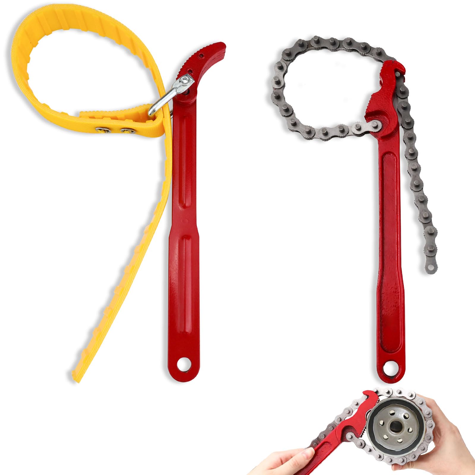 LELE LIFE 2-Pack 27cm Strap Wrench and 30cm Chain Wrench, Heavy Duty Adjustable Oil Filter Wrench Set with 56cm Rubber Belt & 49cm Chain for Fuel Filter Water Filter Pipe