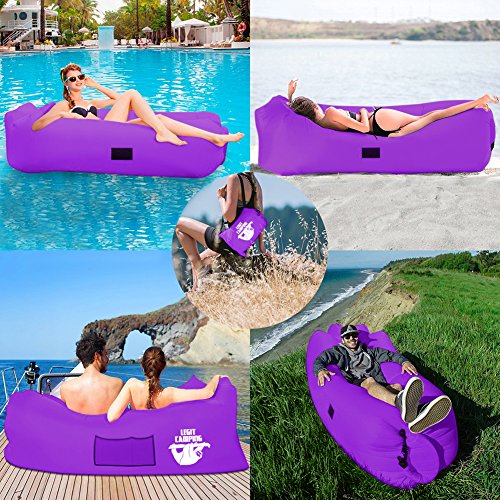 Inflatable Lounger by Legit Camping with Carrying Bag & Pockets for Indoors/Outdoors – Inflatable Couch & Air Chair with Headrest & Securing Stake- For Camping Beach or Pool (Purple)