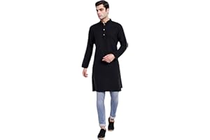 SKAVIJ Men's Handloom Cotton Solid Henley Long Sleeves Straight Knee Length Long Shirt