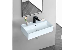 bathivy Wall Mount Vessel Sink and Pop-up Drain, 21.7" x 12.2" Modern White Bathroom Vessel Sink, Wall Hung Rectangle Bathroom Sink, Above Counter Porcelain Ceramic Rectangular Floating Vessel Sink