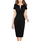 VFSHOW Womens Work Business Office Front Zipper Peplum Bodycon Dresses Elegant Short Sleeve Slim Church Pencil Sheath Dress