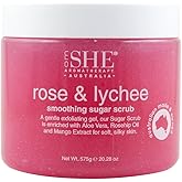 OM SHE Aromatherapy Rose & Lychee Sugar Scrub 20.28oz - Exfoliating Body Scrub, Natural Sugar, Micro Bead Free, Rosehip Oil. Australian made.