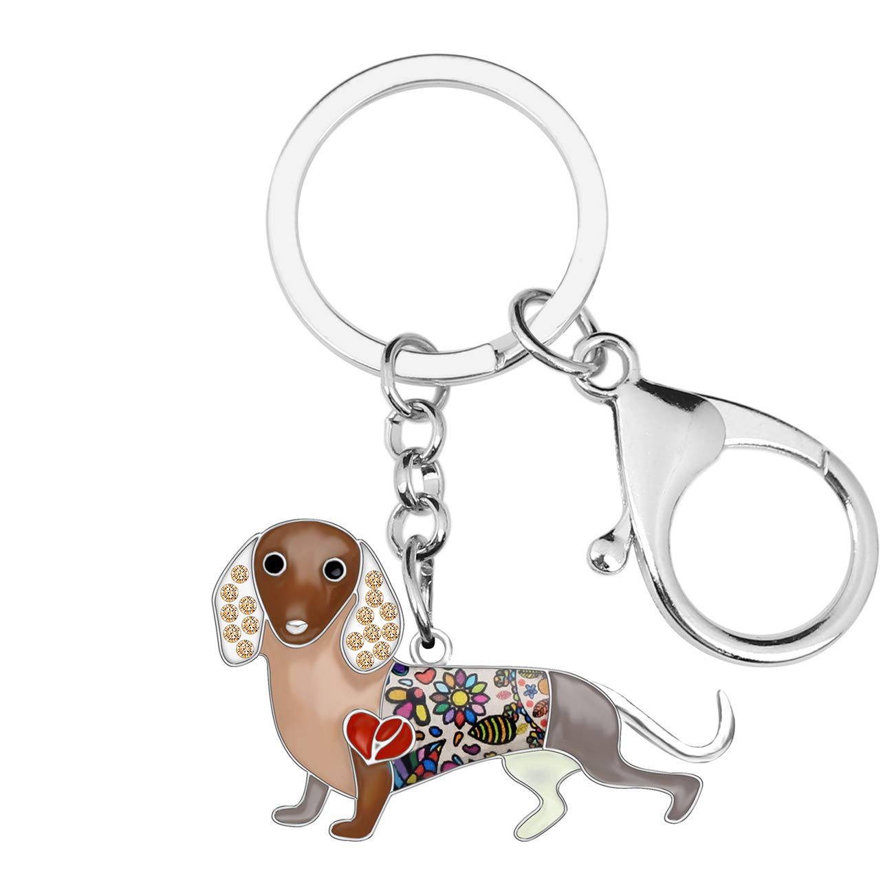 BONSNY Enamel Metal Heart Rhinestone Dachshund Dog Key Chains For Women Kids Car Purse bag Rings Charms Pets Gift (Brown)