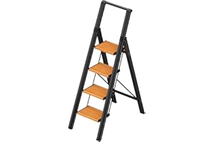 PLEDDANIO 4 Step Ladder, Folding Step Stool with Convenient Handgrip for Home,Office,Kitchen, Black Frame Wood Grain Lightweight Aluminum Step Stool with Anti-Slip Sturdy Pedal,300 lbs Capacity