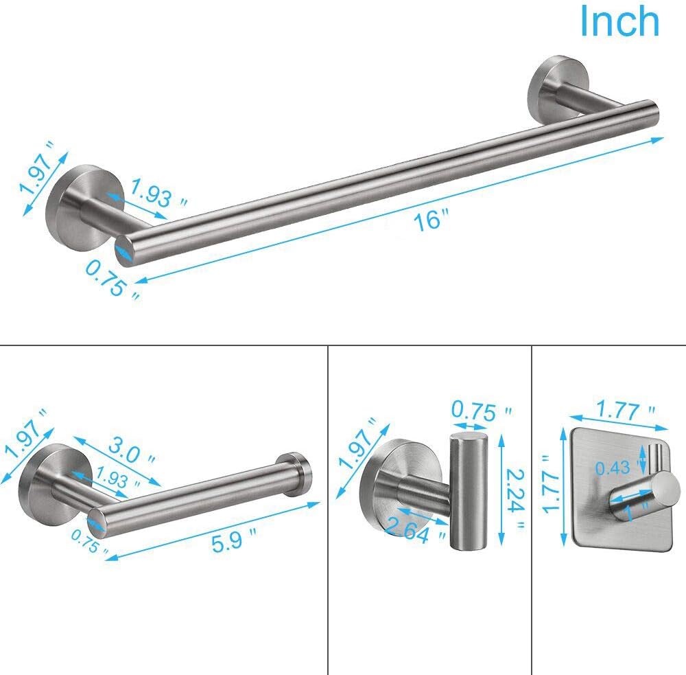 TocTen 5 Piece Bathroom Hardware Set SUS304 Thicken Stainless Steel-Towel Rack Set Include 16" Hand Towel Bar+Toilet Paper Holder+3Robe Towel Hooks Bathroom Accessories Towel Bar Set (Brushed Nickel): Home & Kitchen
