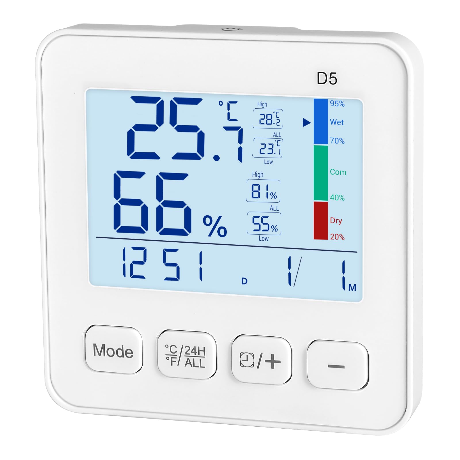 Humidity and Temperature Monitor with Backlit - LXSZRPH Digital Indoor Thermometer Hygrometer with High Low History, Time Calendar, Easy to Use, Wall Mount Stand Magnetic Option, Clear Display(D5)