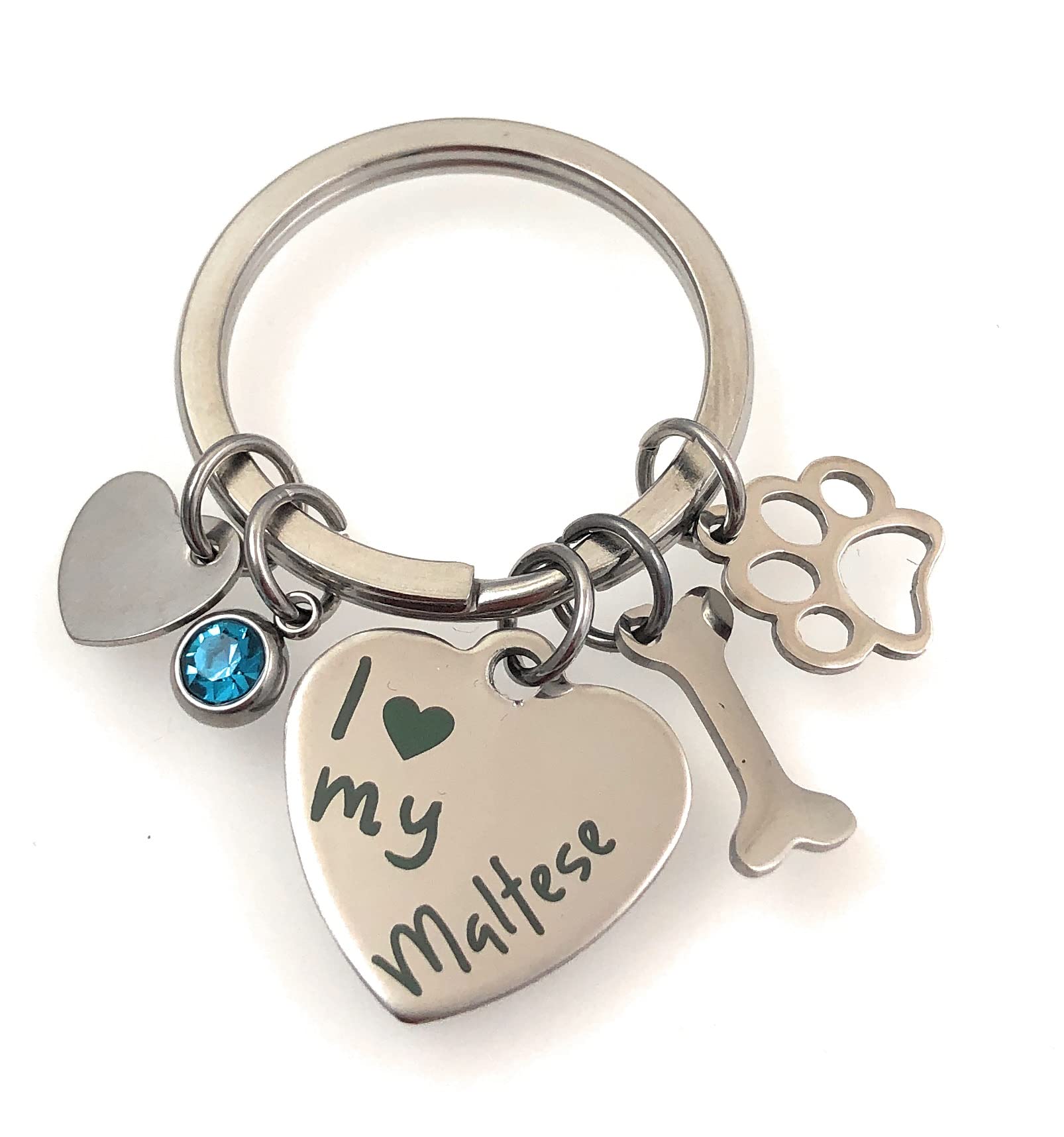 FizzyButton Gifts I Love My Maltese Puppy Dog Keyring Key Ring with Turquoise Rhinestone and Stainless Steel Bone, Paw and Heart Charms
