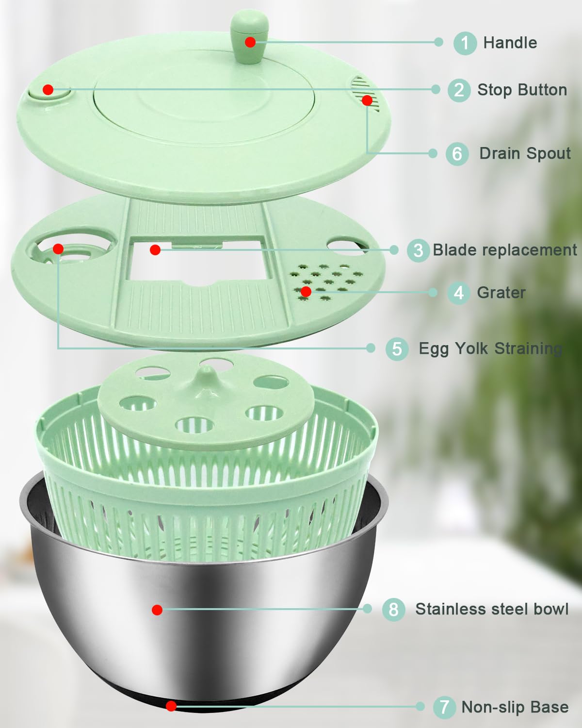VVAKAM 5.3QT Salad Spinner Large,Stainless Steel Lettuce Spinner,Fruit Vegetables Wash Bowl with 5 Blade Slicer,Egg Yolk Strainer Slicer Shredder,Kitchen Colander for Salad Make and Food Washing