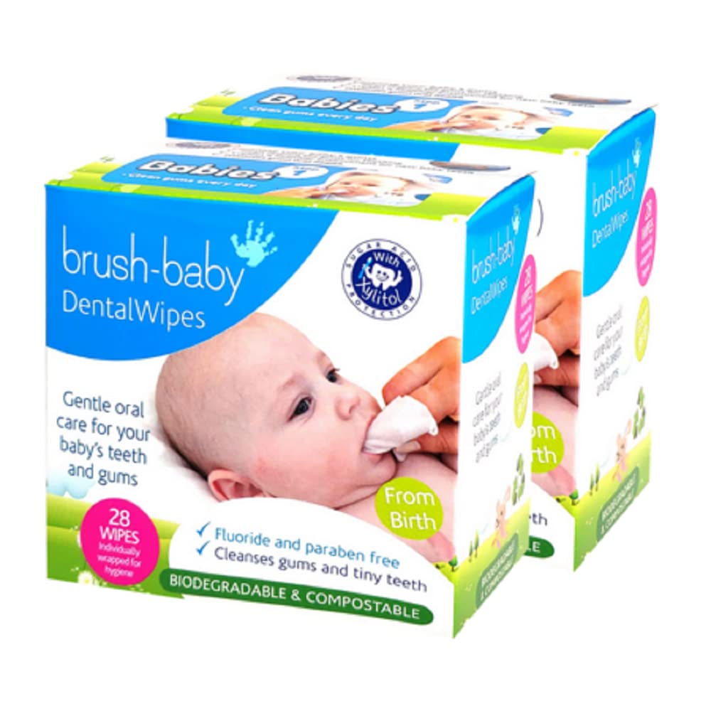 Brush Baby Teething Relief Dental Wipes for Ages 0-Toddler - Naturally Eliminate Teething Pain, Prevent Tooth Decay and Sour Milk Breath - 28 Finger Wipes (2-Pack)