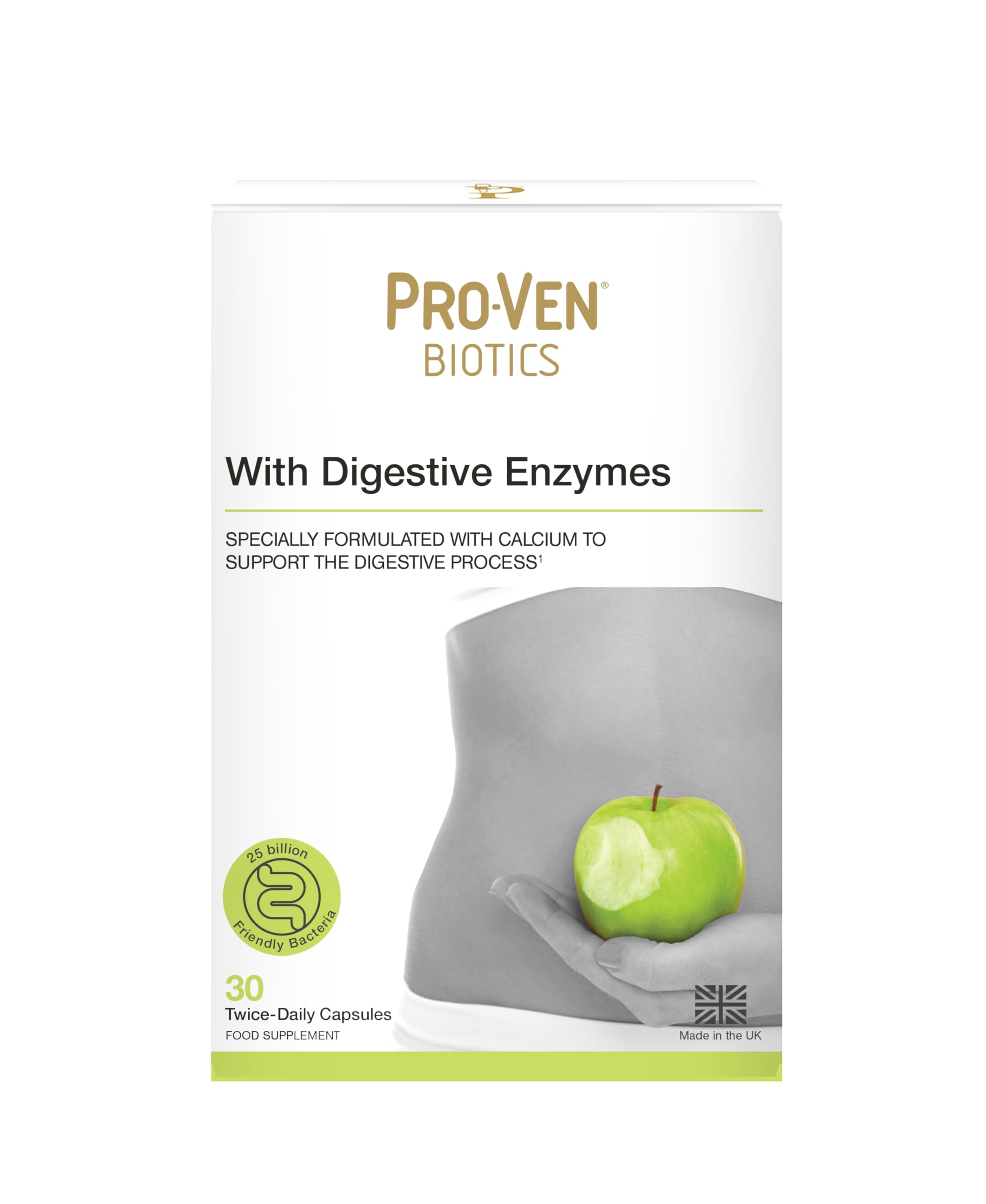 Pro-Ven Probiotics with Digestive Enzymes | Daily Gut Support 25 Billion Lab4 Friendly Bacteria | Calcium Aids Digestion for Adults | 30 Capsules