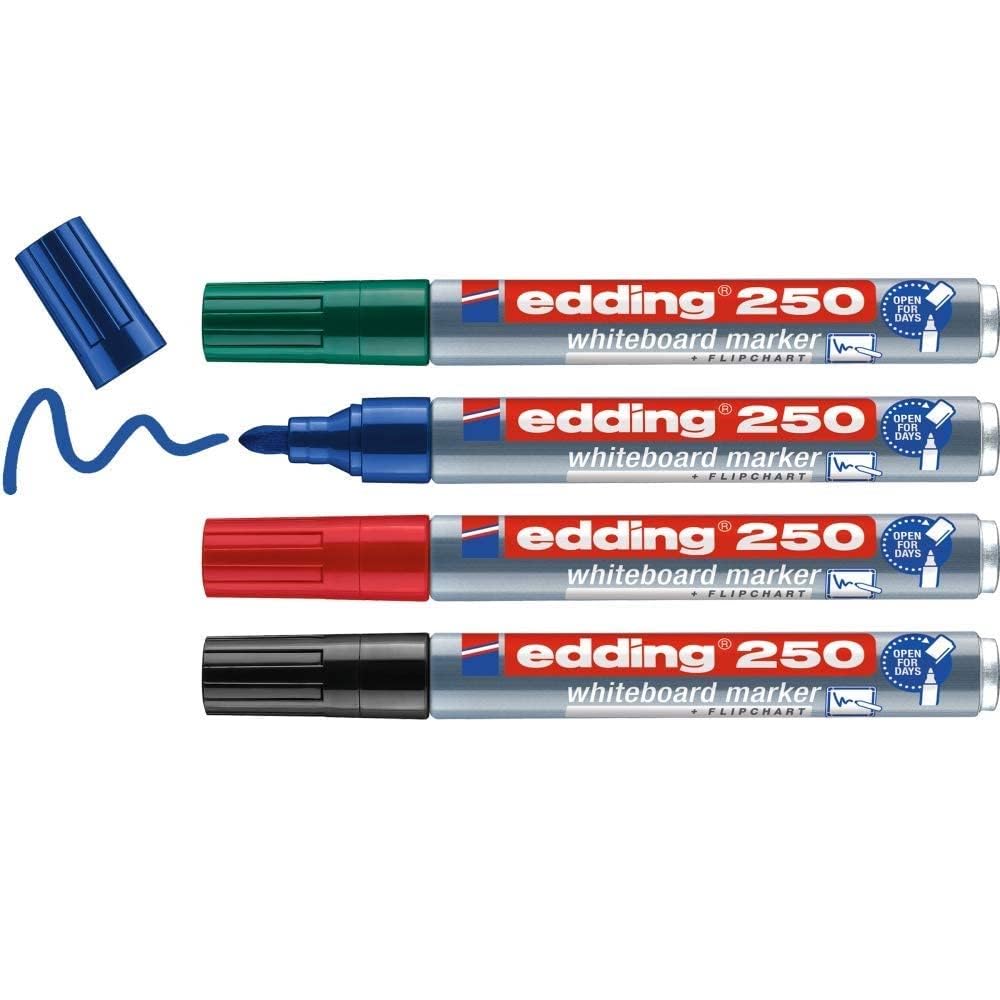 edding 250 whiteboard marker set - multi-coloured - 4 whiteboard pens - round nib 1.5-3 mm - whiteboard pen dry wipe - for whiteboards, flipcharts, magnetic, memo boards - sketchnotes - refillable โ image 1