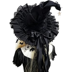 Women’s Witch Hat for Halloween, Gothic Wizard Hat with Ruffle Brim Veil and Removable Bow, Lolita Cosplay Costume Accessory
