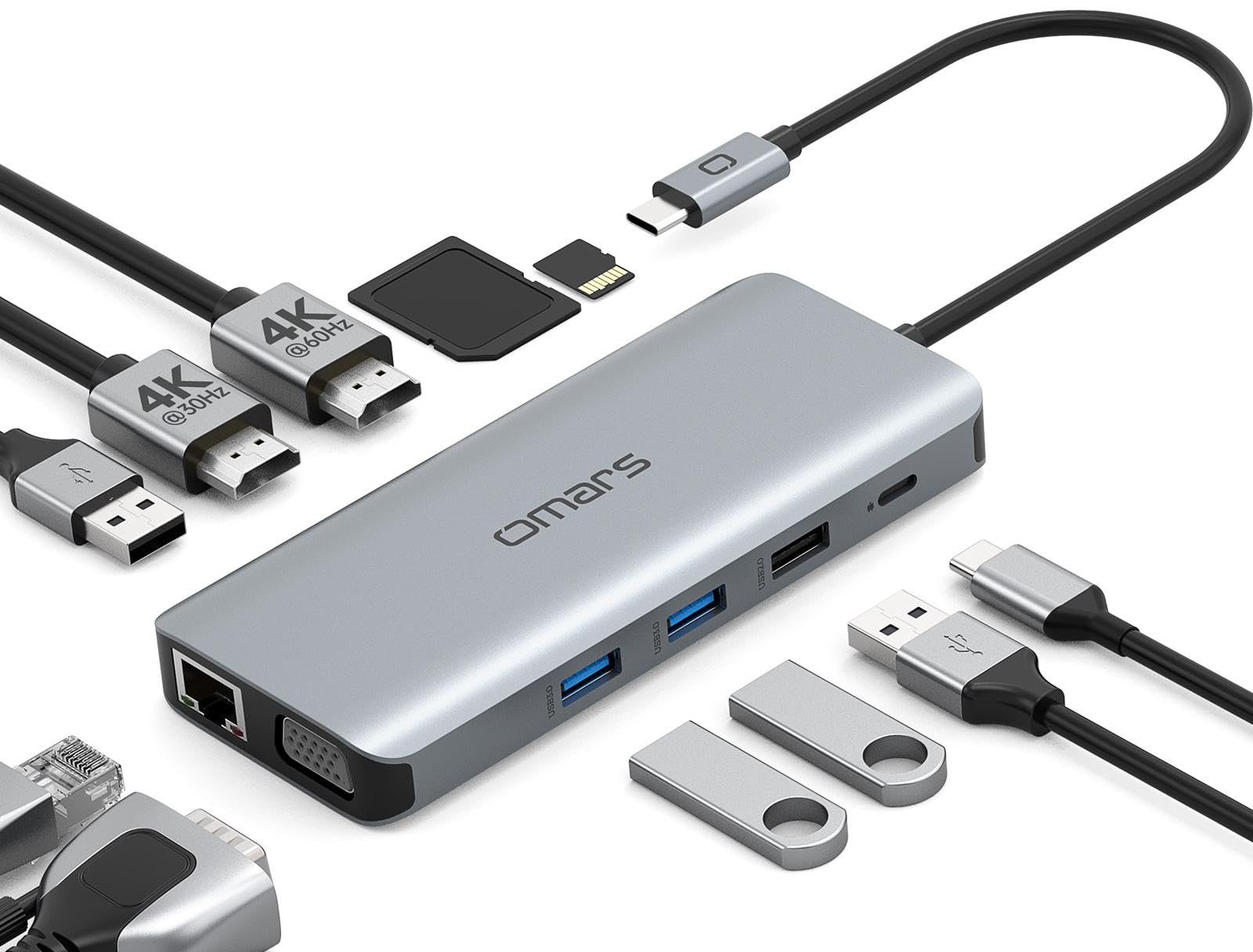 Omars Docking Station Dual Monitor, 11 in 1 USB C Hub Triple Display Multiport Adapter, USB C to Dual HDMI Adapter with 4K+VGA+Ethernet+100W Type C PD+4USB+Data for Dell/Surface/HP/Lenovo Laptop