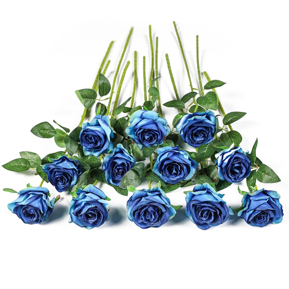 Kisflower 12Pcs Roses Artificial Flowers Fake Silk Rose Flowers Realistic Single Stem Flower Bouquet for Wedding Party Office Home Decor (Gradient Blue)